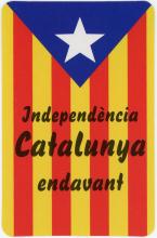 Yellow and red striped flag that has a white star inside a blue triangle on the top. Text over the flag reads Catalonia independence ahead. 