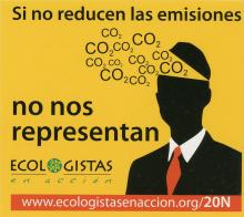 This sticker shows a man in a black suit with a red tie. There is a triangle cut out of his head that has the words CO2 coming out of it. It was created by the organization Ecologistas En Acción, an environmental advocacy organization made up of 300 Spanish ecological groups. They take a social environmental approach to counter degredation in Spain, a country that has been evironmentally exploited by the policies of neo-liberal politicians.  At the bottom of the sticker is a link to an article from their we