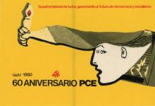 This is a yellow sticker with the black and white image the woman from Picasso's painting, Guernica. The woman has a lit torch and is extending it forward with her right arm. This sticker was propaganda for the Communist Party of Spain in 1980. 
