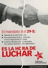 The hands of two men in collared shirts shaking hands. Below in red and black text the Left Anticapitalist party advertises a general strike on the 29th of September, 2010.  