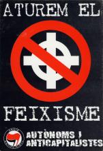 In the center of the sticker there is a white power symbol in white against the black background. The symbol is enclosed by a red circle and crossed out with a line. In the bottom left hand corner there is the symbol for an organization Accion Antifeixista or Anti-fascist Action.