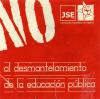 This red and white sticker captures the attention of the audience with the word "no," taking up the most space. Below the word "no" the rest of the text appears below, types as if it were on lined paper. In the right corner appears the logo for Juventudes Socialistas de España (JSE), a fist in a star.